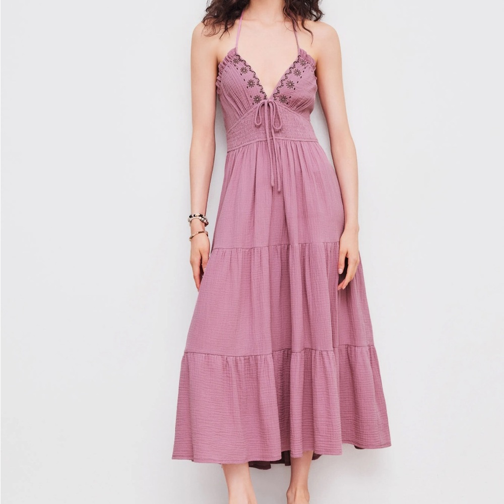 Cider Halter Knotted Shirred Ruffle Maxi Dress